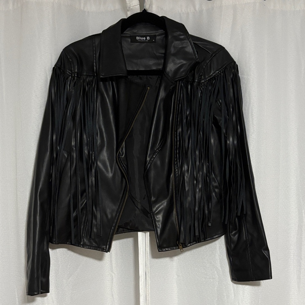 Blue B Black Faux Leather Jacket- Fringe Detail